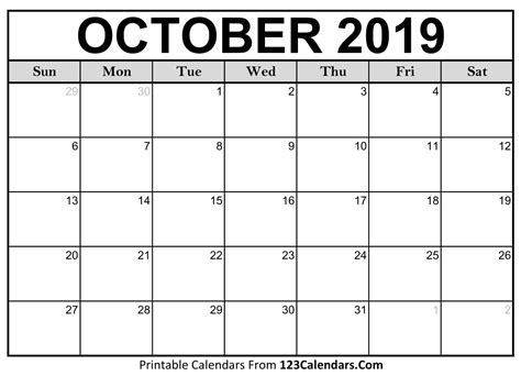 October 2019 Calendar Printable Free